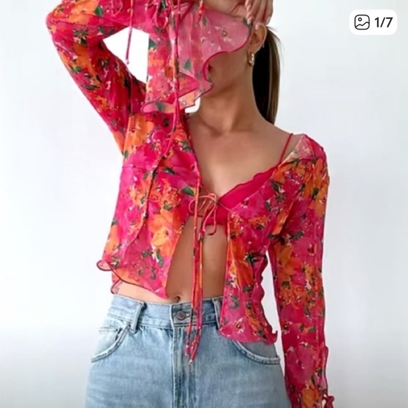 Rumored Tops - Rumored East End Electric Floral Pink Sheer Top, small